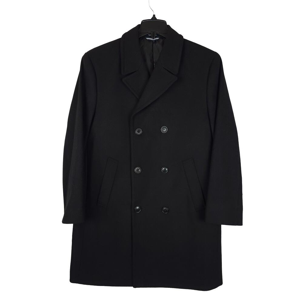 Nautica Mens Classic Fit Overcoat 42R Black Solid Wool Blend Double Breasted